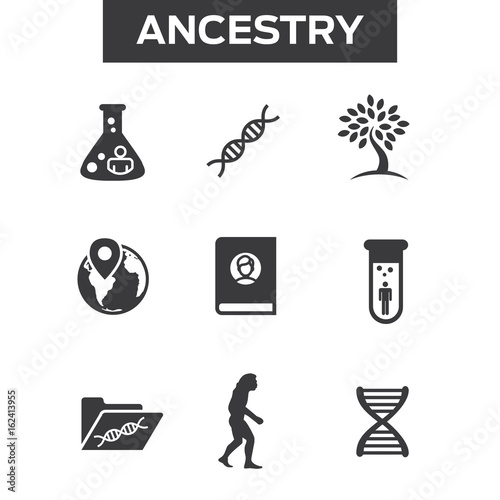 Ancestry or Genealogy Icon Set with Family Tree Album, DNA, beakers, etc photo