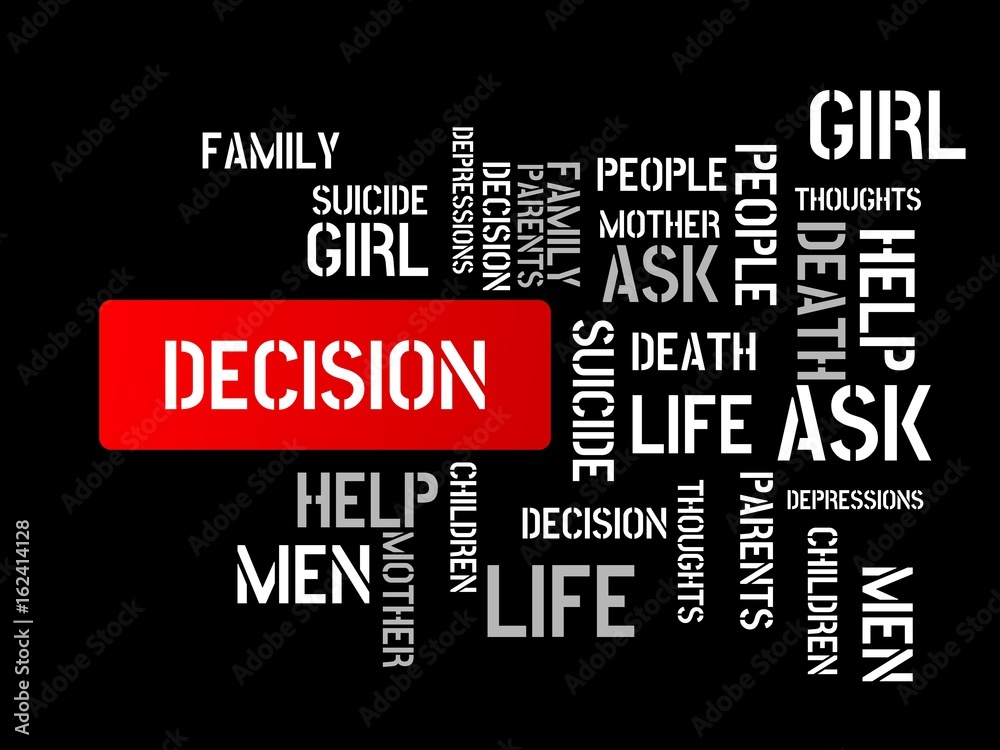 DECISION - image with words associated with the topic SUICIDE, word cloud, cube, letter, image, illustration DECISION - image with words associated with the topic SUICIDE, word cloud, cube, letter, image, illustration