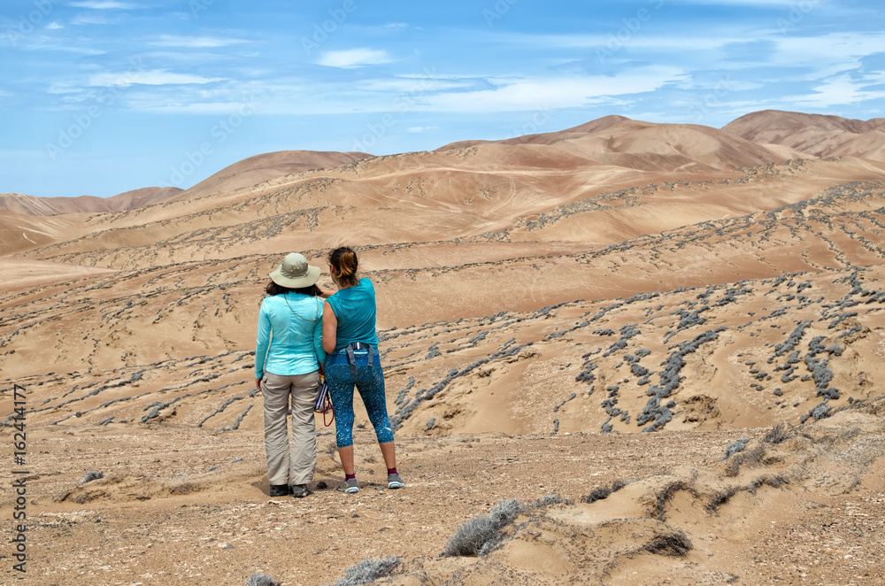 PATACHE, CHILE, 12 JANUARY 2017: two young women standing in the desert - back view