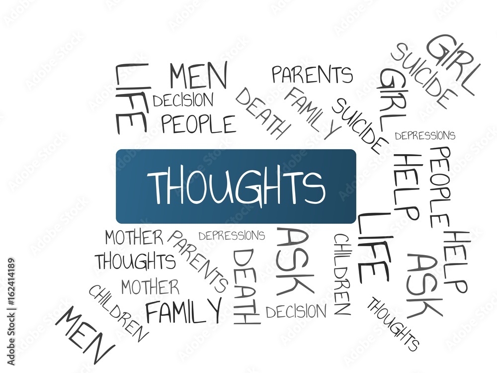 THOUGHTS - image with words associated with the topic SUICIDE, word cloud, cube, letter, image, illustration