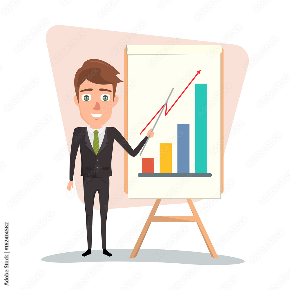 Business man presenting with business chart on white board. Illustration vector of business concept. Business man presenting with business chart on white board. Illustration vector of business concept.