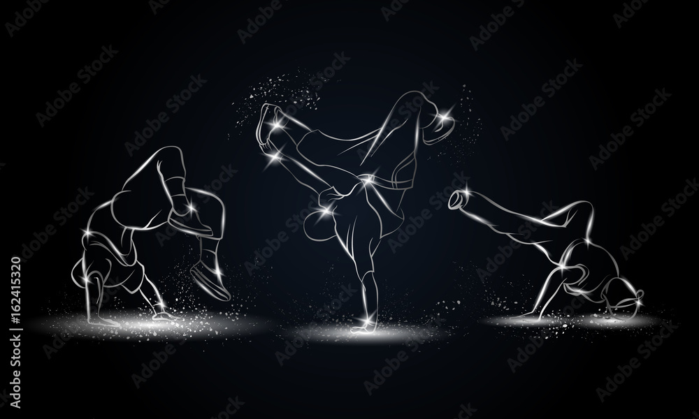 Silver linear b-boys dancers set on black background. Hip hop dance  background for poster and flyer. Stock Illustration | Adobe Stock