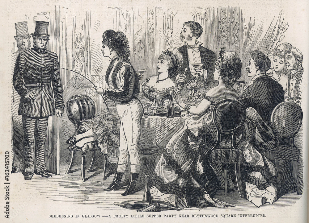 Glasgow police raiding a supper party. Date: 1871