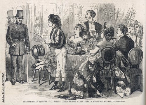 Glasgow police raiding a supper party. Date: 1871