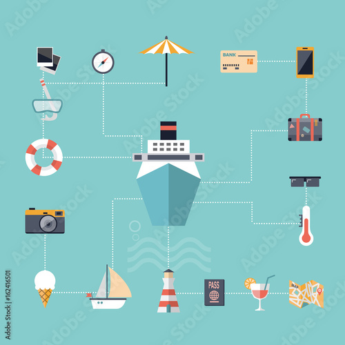Flat design icons, cruise holidays background
