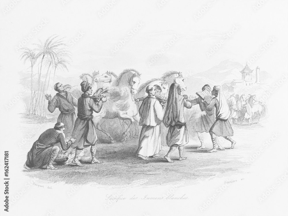 Obraz premium Mongols sacrificing white mares to their gods. Date: 1254
