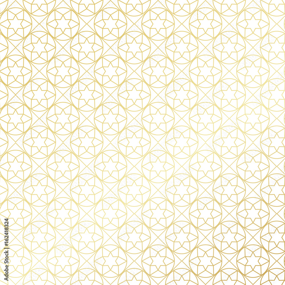 Ramadan Kareem gold gradient greeting card, banner, seamless pattern. Vector arabic ornate geometric shining background in islamic style