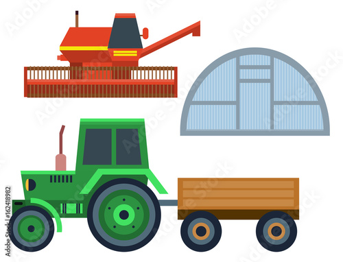 Vector farm harvesting tractor equipment agriculture and horticulture farming hand tools