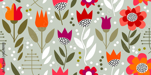 Retro floral print with geometric elements.