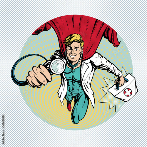 Doctor super hero  flies to treat people.  Profession white coat stethoscope pop art retro style.