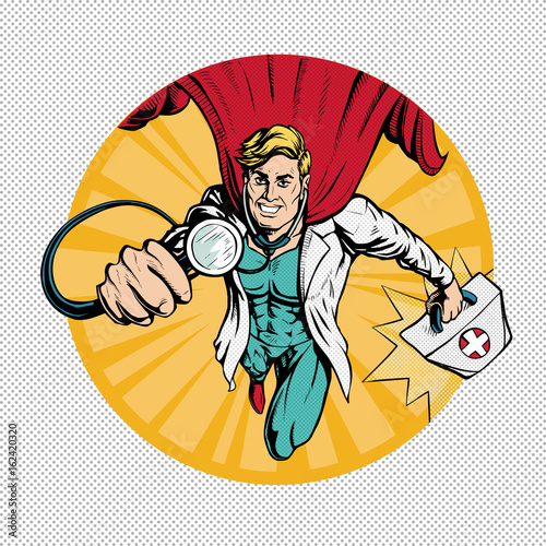 Doctor super hero  flies to treat people.  Profession white coat stethoscope pop art retro style.