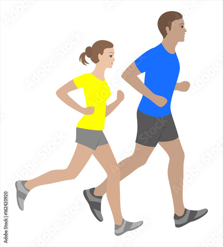 Running man and woman isolated vector illustration. Running couple, jogging couple.