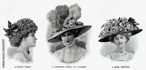 Obraz na plátně Edwardian hats using floral decorations 1909. Date: 1909