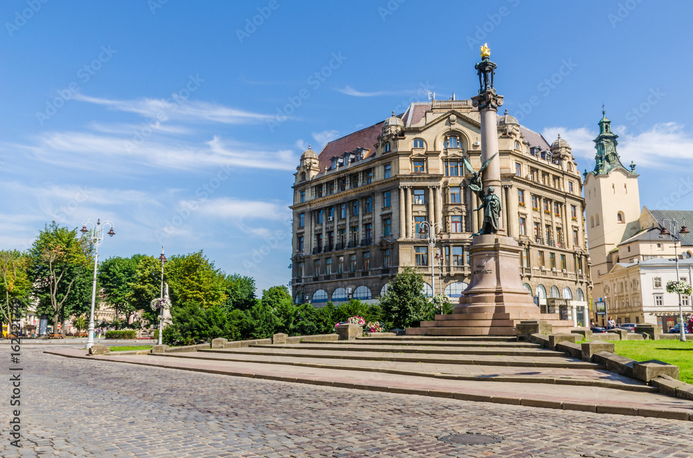 Naklejka premium Cityscape background of old part of Lviv city in Ukraine