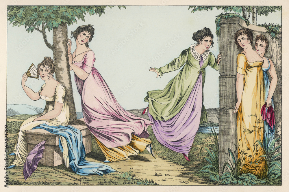 Fototapeta premium Five ladies playing hide and seek in a garden. Date: circa 1810