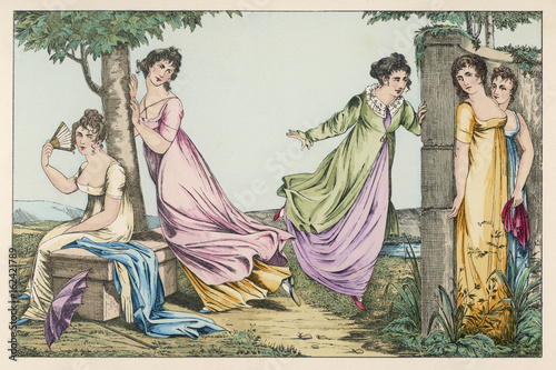 Five ladies playing hide and seek in a garden. Date: circa 1810