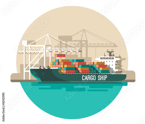 Delivery service concept. Container cargo ship loading, sea freight. Flat style vector illustration.