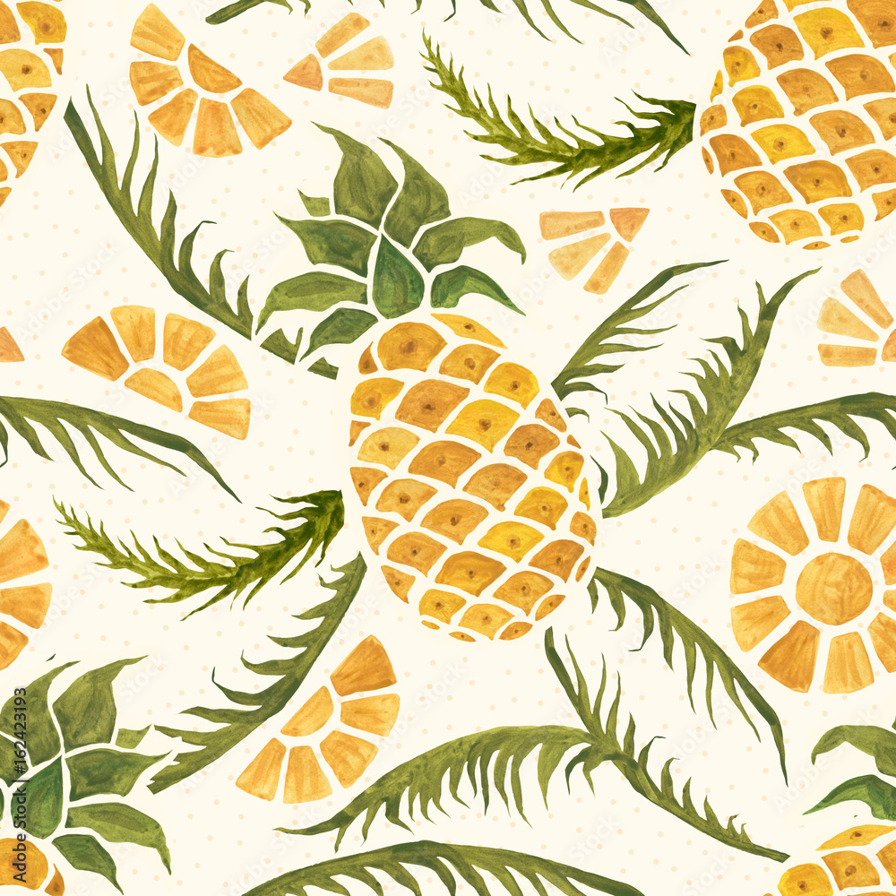 Seamless tropical pattern with pineapples and palm leaves. Hand drawn watercolor illustration. Seamless tropical pattern with pineapples and palm leaves. Hand drawn watercolor illustration.
