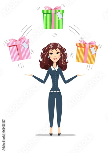 Abstract Businesswoman holding gift box with bow. Women in business. For use in presentations. Stock flat vector illustration