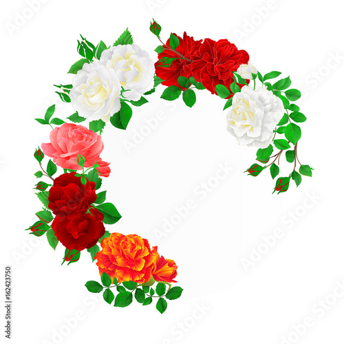 Floral round  frame with  Roses  and buds vintage  festive  background vector illustration editable hand draw