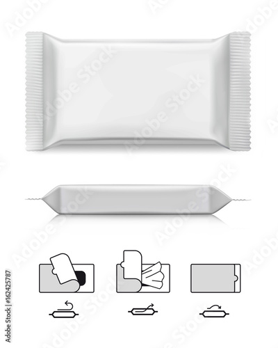 Mockup packages for wet wipes with pictograms. Vector illustration on white background. Ready for your design/