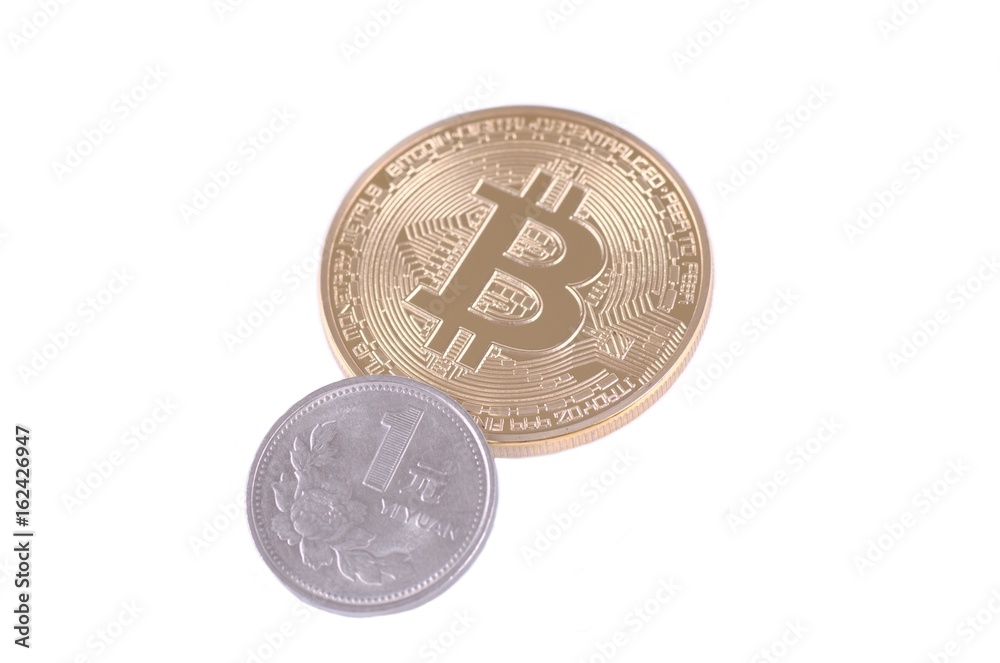 One yuan coin on Golden-plated Bitcoin, isolated on white background. One yuan coin on Golden-plated Bitcoin, isolated on white background.