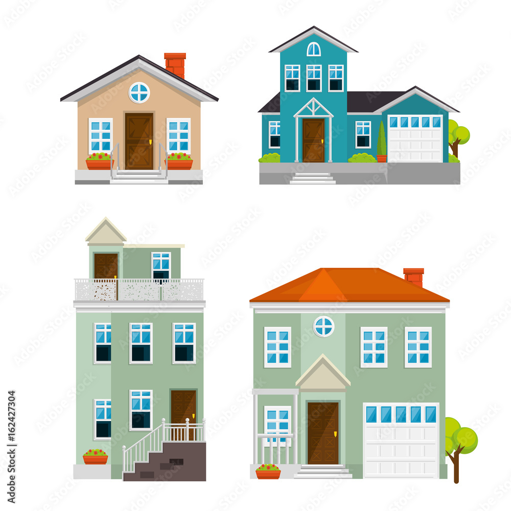 Set houses, buildings, and architecture variations in flat style design vector illustration graphic Set houses, buildings, and architecture variations in flat style design vector illustration graphic