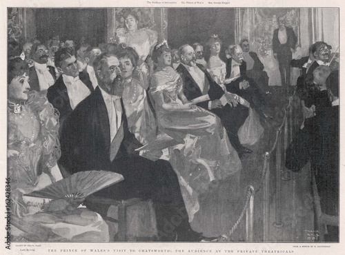 Edward VII enjoying theatricals at Chatsworth. Date: 1901