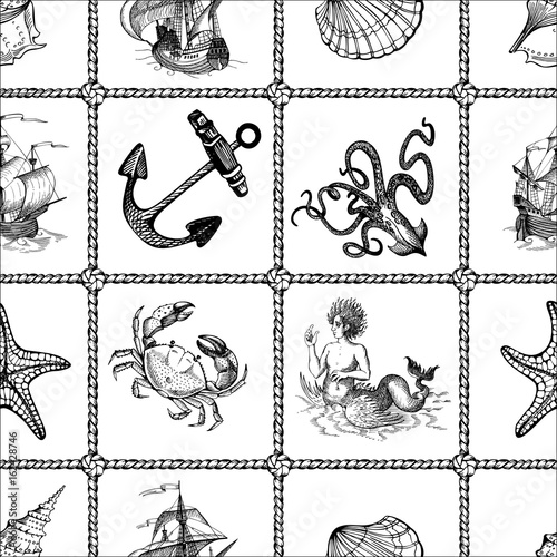 Seamless vector pattern on sea theme. Can be used for textiles, wrapping paper, interior decoration. Old caravel, vintage sailboat, anchor, starfish, seashells.