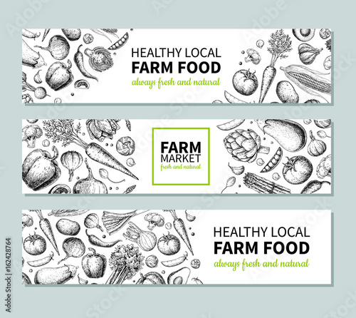 Vegetable hand drawn vintage vector banner. Farm Market poster. Vegetarian sketch of organic products.