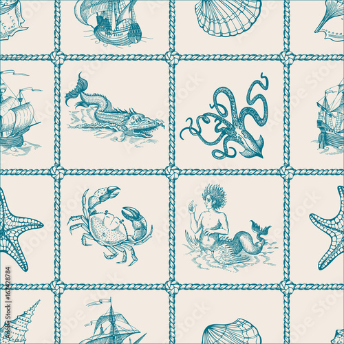 Seamless vector pattern on sea theme. Can be used for textiles, wrapping paper, interior decoration. Old caravel, vintage sailboat, anchor, starfish, seashells.