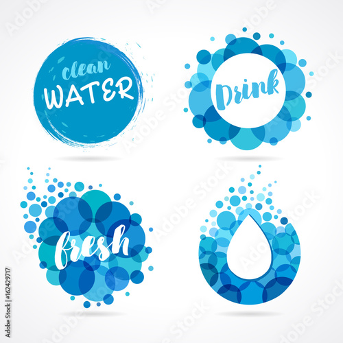 Abstract water logo set design. Vector set of abstract aqua blue symbols, clean water drops and wave logo template