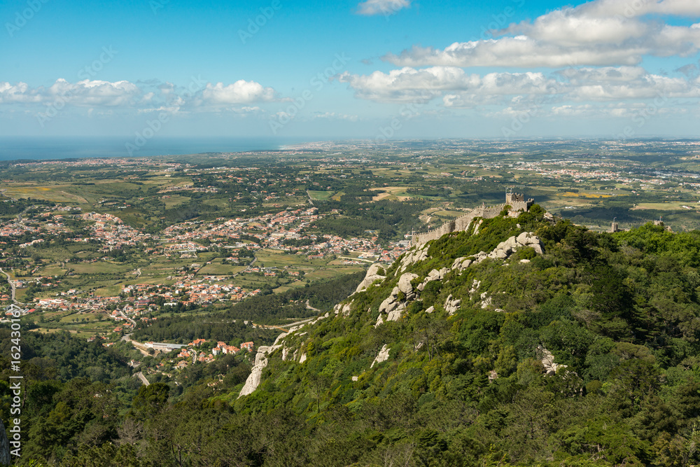 View from the Pena Palace of the Castle of the Moors and Sintra in Portugal