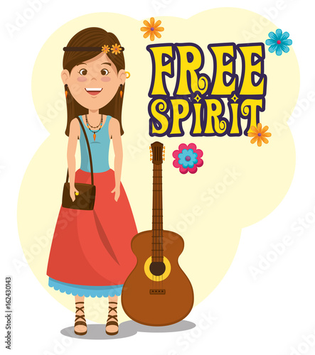 hippie woman with a guitar cartoon vector illustration graphic design photo
