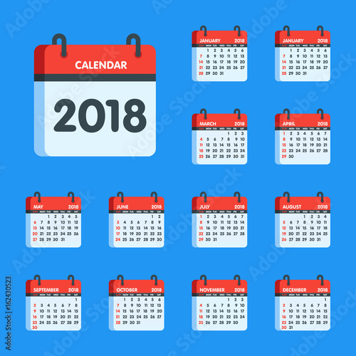 Calendar for 2018 year icon set. Vector illustration
