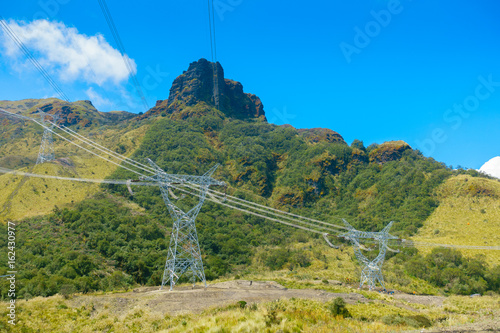 Beautiful landscape of Papallacta mountains in a sunny day with electrict towers in Quito Ecuador photo