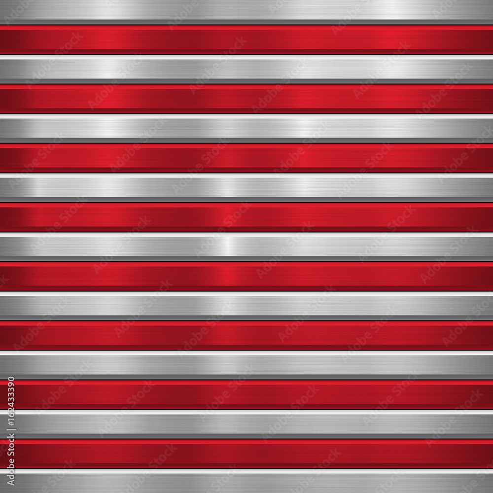Naklejka premium Metal technology background with red horizontal stripes, polished, brushed texture, chrome, silver, steel, aluminum and bevels for design concepts, wallpapers, web, prints. Vector illustration.