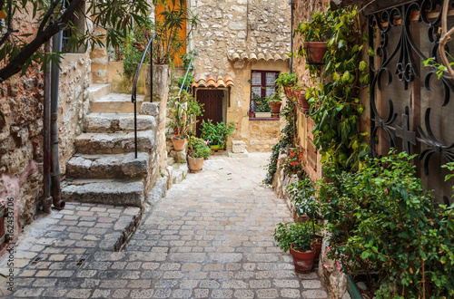 Narrow cobbled street with flowers in the old village Tourrettes-sur-Loup   France.