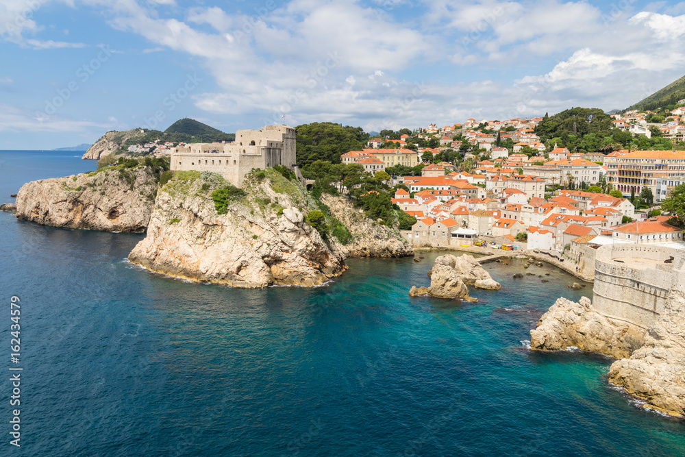 A view from the old town walls of Dubrovnik, Croatia.  Includes the St Lawrence Fortress.
