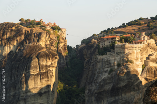 landscape of meteora in the morning with monastery on top of the mountain, Greece