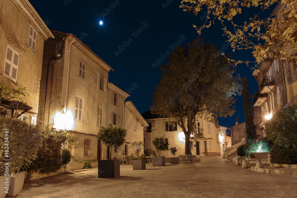 Street in the old town Mougins in France. Night view