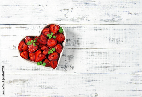 Strawberries heart wooden background Food Fruits Berries
