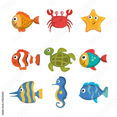 Colorful sea creatures set over white background vector illustration