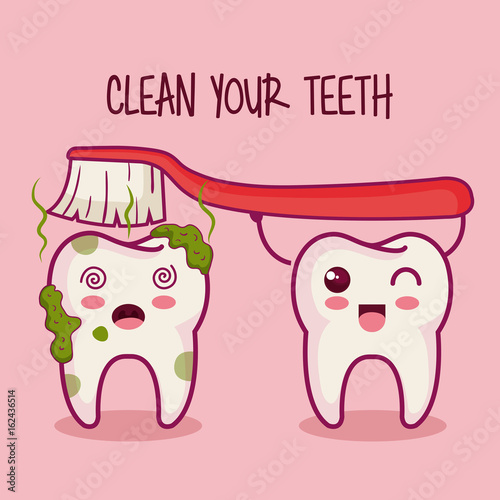 Kawaii teeth and brush with clean your teeth sign over pink background vector illustration