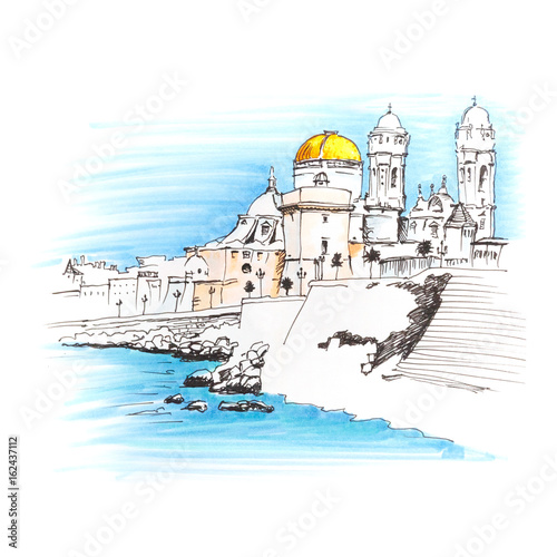 Playa de la Santamaria beach and Cathedral de Santa Cruz in the morning in Cadiz, Andalusia, Spain. Picture made markers photo
