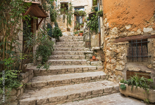 Narrow cobbled street with flowers in the old village Tourrettes-sur-Loup , France. © arbalest