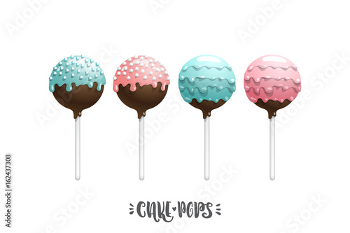 Set of vector colored cake pops on a stick, isolated on a white background, with lettering. Children favorite dessert cake pops