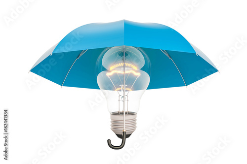 Lightbulb under umbrella  insurance and protection concept. 3D rendering