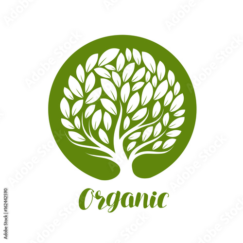 Abstract decorative tree with leaves. Ecology, natural, organic label or logo. Vector illustration