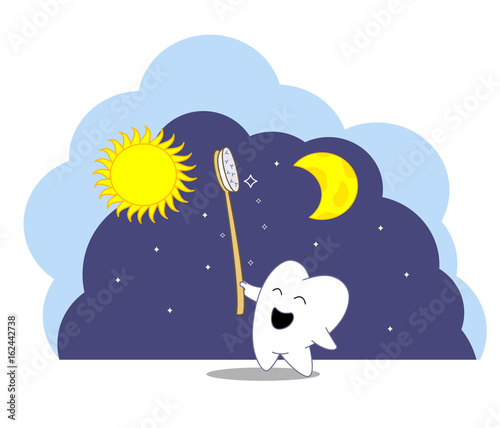 Tooth cartoon mascot brushing teeth